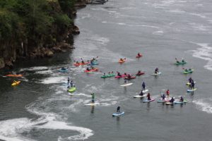 summer camp kids paddle boarding on the Willamette River