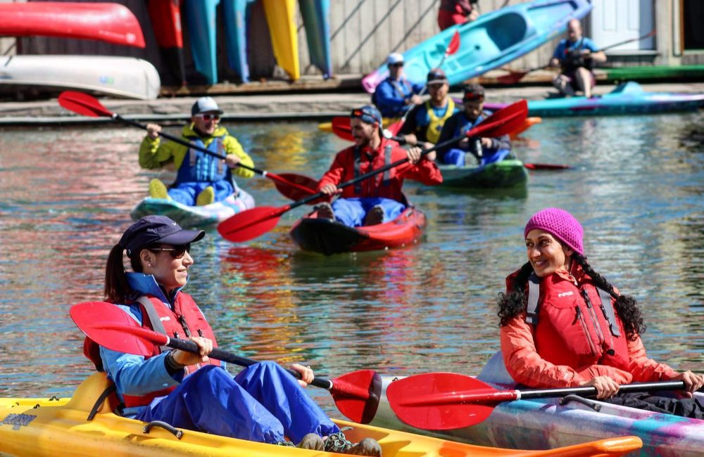 Launching kayaks from the docks in Oregon City for a rental